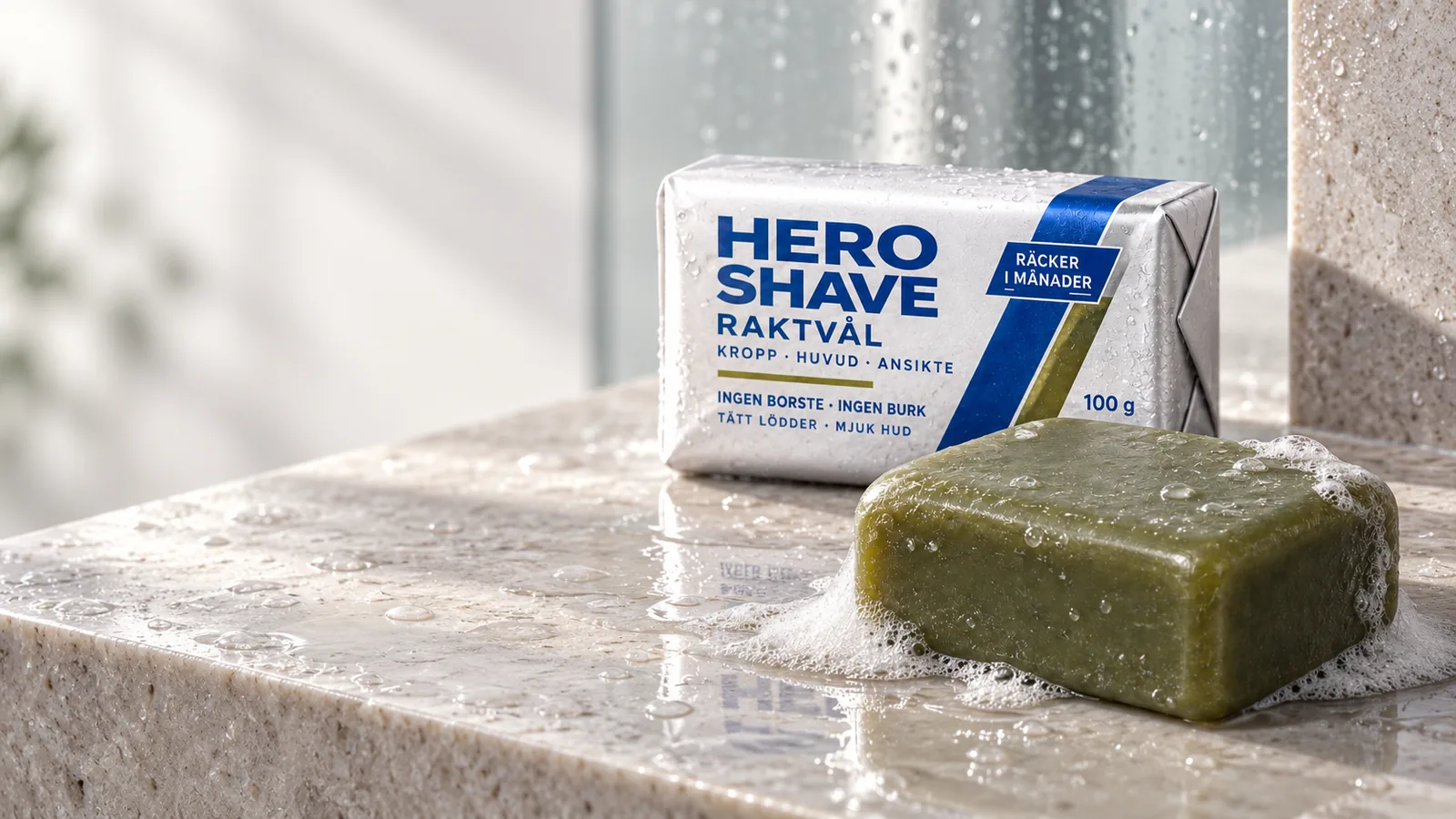 Hero Shave Raktvål och grön tvål med vattendroppar och lätt lödder